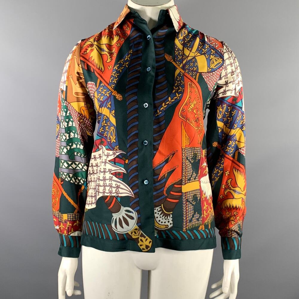 HERMES Size 8 Multi-Color Silk Long Sleeve Shirt